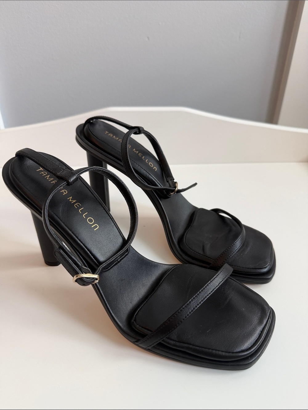 Tamara Mellon Black Strappy Block-Heel Pillow Talk